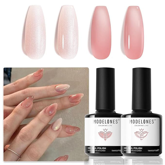 modelones Gel Nail Polish Set 2 Pcs 15 ML Nude Pink Translucent Sheer Glitter French Tip Gel Polish Soak Off LED For Nail Art DIY Shimmer French Manicure At Home For Women Girls