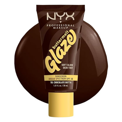 NYX PROFESSIONAL MAKEUP Buttermelt Glaze Soft Glow Skin Tint + SPF 30, Up To 12HR Wear, 10 Chocolate Butta
