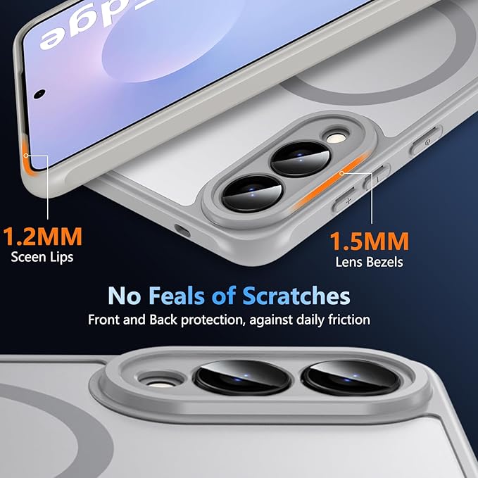 OWKEY for Samsung Galaxy S25 Edge Case 6.65'',Magnetic S25 Edge Case for Magsafe with Tempered Glass Screen, [Shockproof Military] Translucent Back Slim Bumper Cover Phone Case Galaxy s25 Edge,Gray