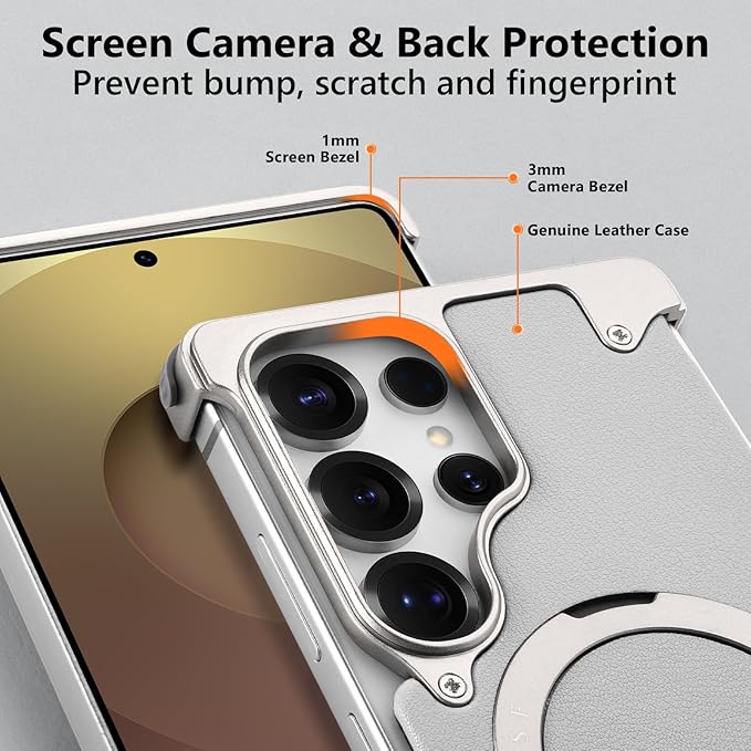 S25 Ultra Case Leather Magnetic with Ring Kickstand, Frameless for Samsung Galaxy S25 Ultra Case for Magsafe, Slim Drop-Proof Protective S25Ultra Cover for Men Women 6.86 Inch, Gray