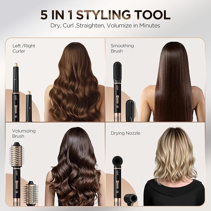 5 in 1 High-Speed Hot Air Styler - Professional Frizz-Free Hair Dryer Brush with Negative Ions, Fast Drying Blow Dryer Brush, No Heat Damage, Auto-Wrap Curl, Volumize, Straighten