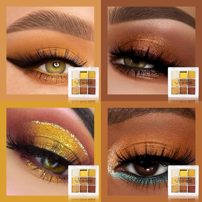 9 Colors Eyeshadow Palette - Highly Pigmented Yellow Gold Warm Tones, Shimmer & Matte Eye Shadow Makeup for Bold & Natural Looks, Long-Lasting, Blendable, Travel-Friendly Eye Makeup Set