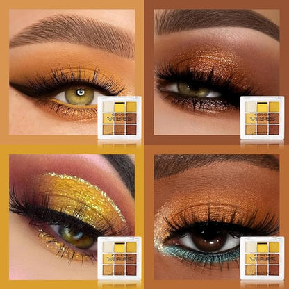 9 Colors Eyeshadow Palette - Highly Pigmented Yellow Gold Warm Tones, Shimmer & Matte Eye Shadow Makeup for Bold & Natural Looks, Long-Lasting, Blendable, Travel-Friendly Eye Makeup Set