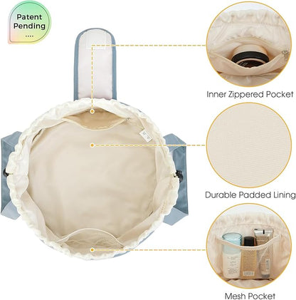 Narwey Barrel Drawstring Makeup Bag Large Floral Cosmetic Bag Make up Bags Toiletry Bag Travel Bags for Toiletries Organizer for Women Gift for Teen Girls (Greyish Blue) (Patent)