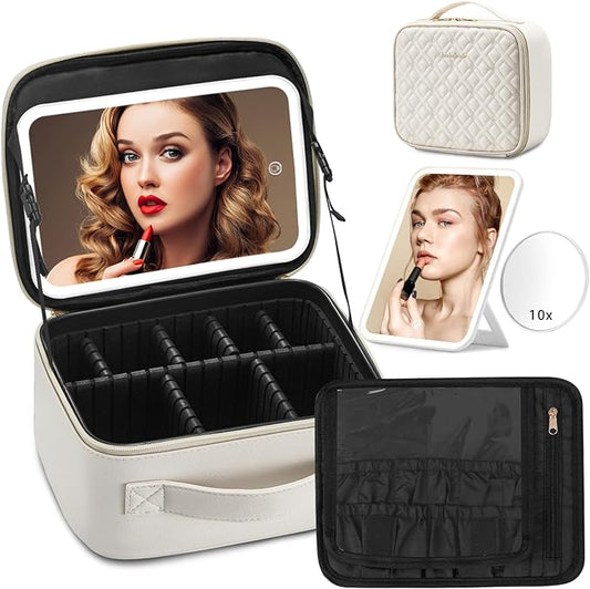 Omobolanle Makeup Bag with Mirror Led Light Detachable Portable Make up Travel Train Case with Adjustable Dividers and 10x Magnifying Mirror Beige