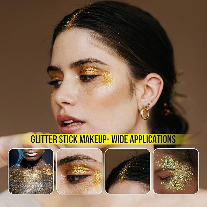 Brzeaf Waterproof Golden Glitter Stick, Face Glitter Makeup, Shimmery & Long Lasting, Chunky Glitter for Face/Body/Hair/Eyes/Lip, Singer Concert Music Christmas Rave Festival