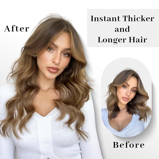 16 Inch Invisible Wire Hair Extension Long Wavy Hair Extensions for Women Mix Brown and Blonde Highlight Adjustable Size Hairpiece 4 Clips in Hair Extension
