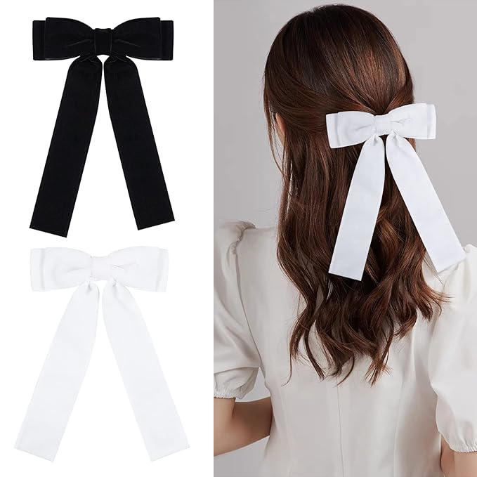2PCS Handmade Velvet Bow Hair Clips, Headbands for Women Girls, Elegant Hair Ties Hair Styling Accessories, Hair Band Set, Gifts for Mom, Yoga Outdoor Headdress Decor, Black and White