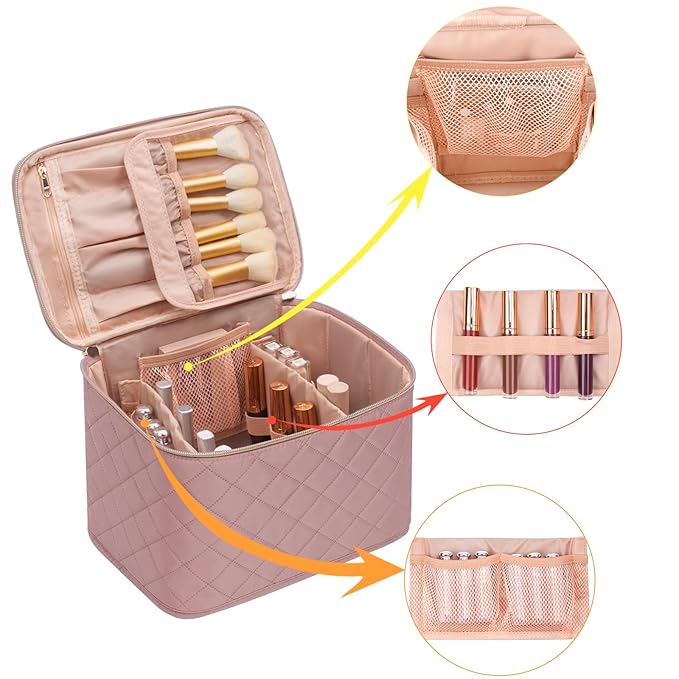 OCHEAL Pink Makeup Bag,Travel Large Capacity Cosmetic Bags For Women Large Travel Toiletry Bag Girls Traveling With Brush Slot And Divider-Nude Pink