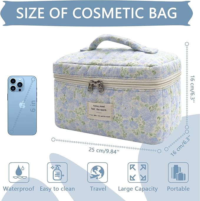 1pc Large Makeup Bag, Cute Cosmetic Bag for Women Girls, Floral Coquette Aesthetic Toiletry Bag, Travel Make Up Organizer Bag (Green Leaves Blue Flowers)
