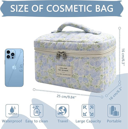 1pc Large Makeup Bag, Cute Cosmetic Bag for Women Girls, Floral Coquette Aesthetic Toiletry Bag, Travel Make Up Organizer Bag (Green Leaves Blue Flowers)