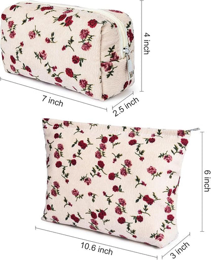 2 Pieces Rose Makeup Bag Large Corduroy Cosmetic Bag Capacity Canvas Mix Travel Toiletry Bag Organizer Cute Makeup Brushes Aesthetic Accessories Storage Bag for Women, Rose Mix White