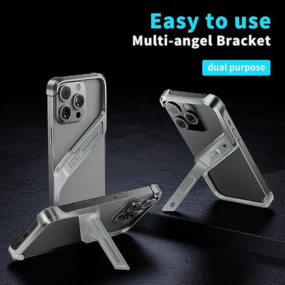 Lightweight Aluminum Alloy Shockproof Frame Case for iPhone 15 Pro Max Metal Bumper Cover with Hidden Stand (Gray)