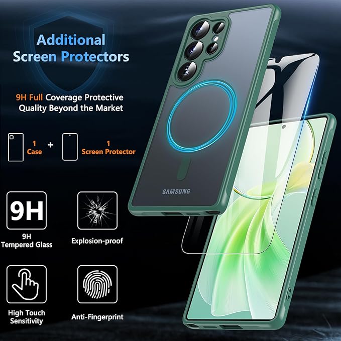 OWKEY Samsung Galaxy S25 Ultra Case 6.86'', Magnetic S25 Ultra Case for Magsafe with Tempered Glass Screen, [Shockproof Military] Translucent Back Slim Bumper Cover Phone Case Galaxy S25 Ultra, Green