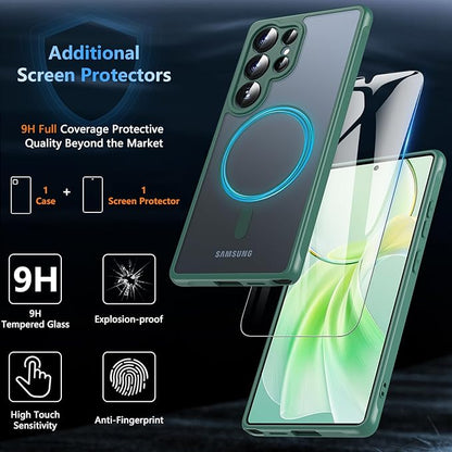 OWKEY Samsung Galaxy S25 Ultra Case 6.86'', Magnetic S25 Ultra Case for Magsafe with Tempered Glass Screen, [Shockproof Military] Translucent Back Slim Bumper Cover Phone Case Galaxy S25 Ultra, Green