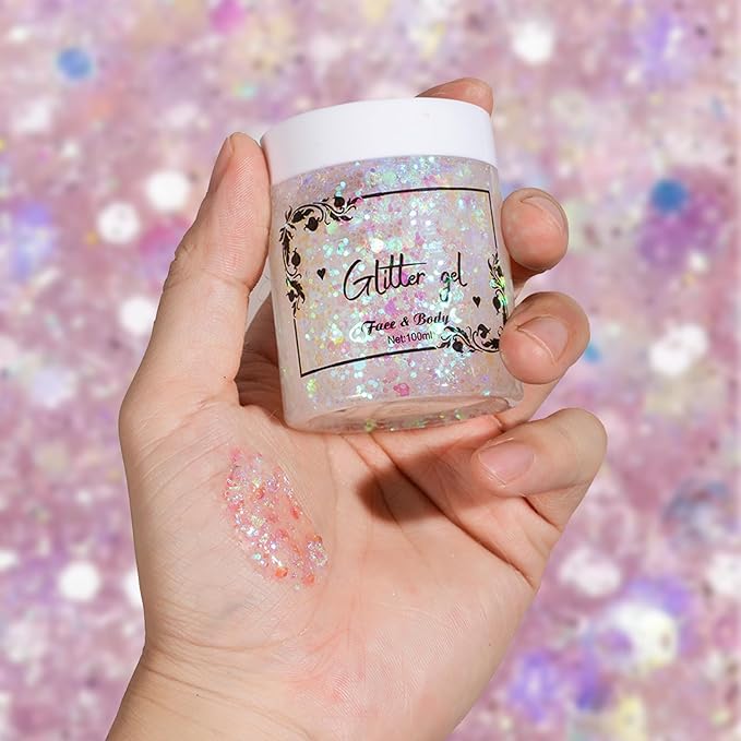 DAGEDA White Body Glitter, 100ml Chunky Glitter Rave Accessories for Festival, Face Glitter for Mermaid Makeup, Holographic Hair Glitter for Rave Party Large Capacity Glitter with Tools
