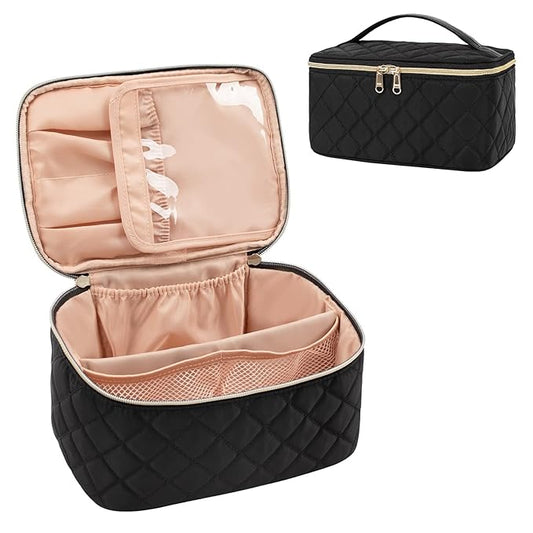 OCHEAL Portable Cosmetic Bag For Women, Large Capacity Travel Makeup Case Organizer, Rhombus Black, Toiletry Bag for Girls Traveling With Handle and Divider