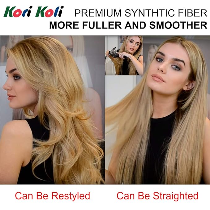 24" Long Straight Wavy Clip in Half Head Tied Wig Blonde Synthetic Hair Extensions For Women 210g 8-22#