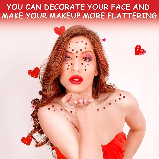 264Pcs Heart Face Gems Love Gems, Self-Adhesive Face Jewels Rhinestones 5/7/10 mm DIY Face Gems Stick on, Valentine Makeup Gems Rave Accessories for Face Eyes Hair Makeup Body, Crafts (red)