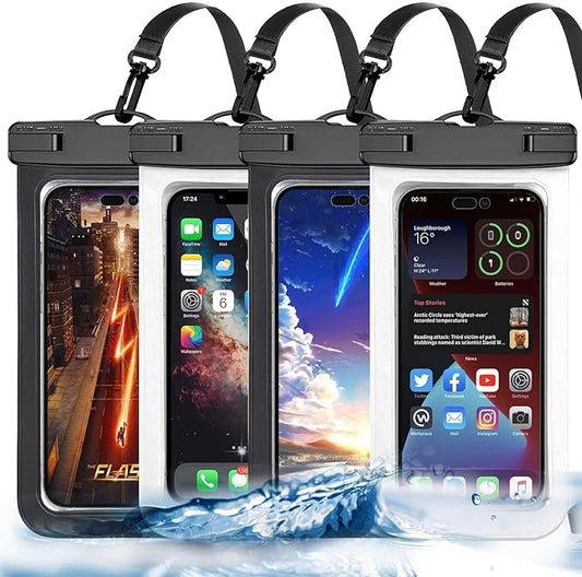 4 Pack Black White Universal Waterproof Phone Pouch, Large Phone Waterproof Case Dry Bag (Protection Level: IP68) Outdoor Sports for Apple iPhone,Samsung,and up to 7.5" (Black,White)