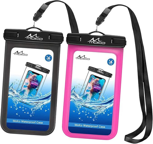MoKo Waterproof Phone Pouch Holder 2Pack, Underwater Cellphone Case Dry Bag with Lanyard Armband Compatible with iPhone 16 15 14 13 12 11 Pro Max X/Xr/Xs/SE 3, Samsung S24/S23/S21/S10, Black+Magenta