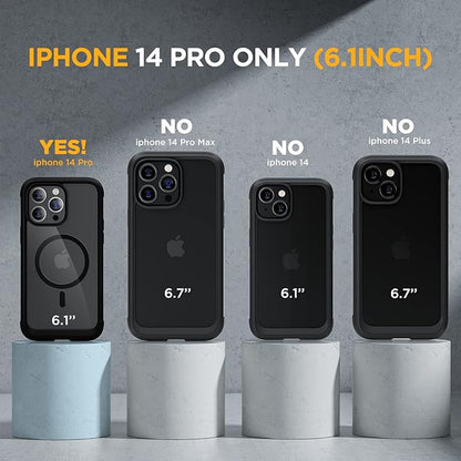 Miracase Magnetic for iPhone 14 Pro Case, [Compatible with MagSafe] [Built-in Tempered Glass Screen Protector] Full-Body Rugged Protective Case with Camera Lens Protector, Black