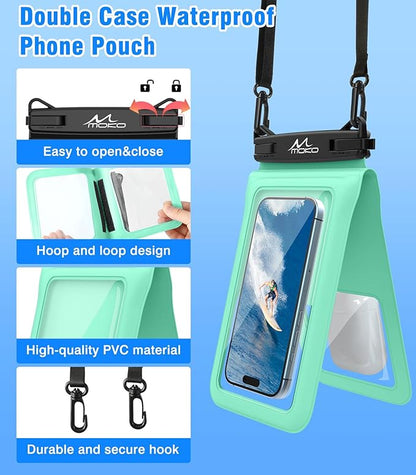 MoKo Double Case Waterproof Phone Pouch, 2Pack Waterproof Phone Case Dry Bag with Adjustable Lanyard Compatible with iPhone 15 14 Pro Max Galaxy S23 Ultra/Note 20 Ultra Up to 7 Inches, Blue+Green