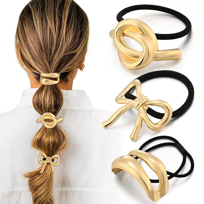 3PCS Gold Hair Ties for Women, Stretchy Metal Hair Ties for Thick Hair, Non-Damage Gold Ponytail Cuff Holders, Elegant Geometric Hair Accessories for Women, 3 Styles in Box Perfect Holiday Gift