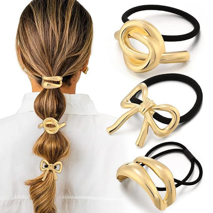 3PCS Gold Hair Ties for Women, Stretchy Metal Hair Ties for Thick Hair, Non-Damage Gold Ponytail Cuff Holders, Elegant Geometric Hair Accessories for Women, 3 Styles in Box Perfect Holiday Gift