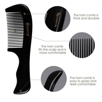 Hair Comb, 100% Buffalo Horn Fine Tooth Comb, Anti-Static Hair Styling Detangling Comb for Men, Women and Kids, For All Hair Types (Black)