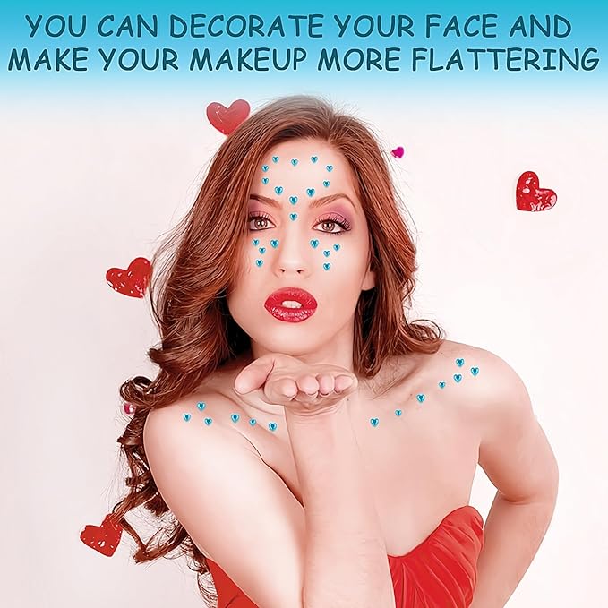 264Pcs Heart Face Gems Love Gems, Self-Adhesive Face Jewels Rhinestones 5/7/10 mm DIY Face Gems Stick on, Valentine Makeup Gems Rave Accessories for Face Eyes Hair Makeup Body, Crafts (Blue)