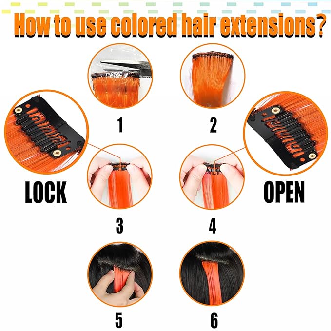 12 PCS Orange Hair Extensions Clip in, 22 Inch Colored Party Synthetic Neon Highlights Extensions, Rainbow Hair Accessories for Girls Women Kids Hair Pieces (Orange)