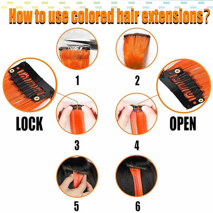 12 PCS Orange Hair Extensions Clip in, 22 Inch Colored Party Synthetic Neon Highlights Extensions, Rainbow Hair Accessories for Girls Women Kids Hair Pieces (Orange)