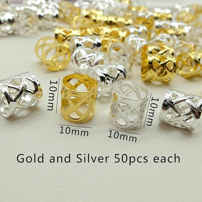 100pcs Gold and Silver Dreadlock Accessories Hair Cuffs for Braids Loc Jewelry Rings Adjustable Hair Beads for Women and Girls