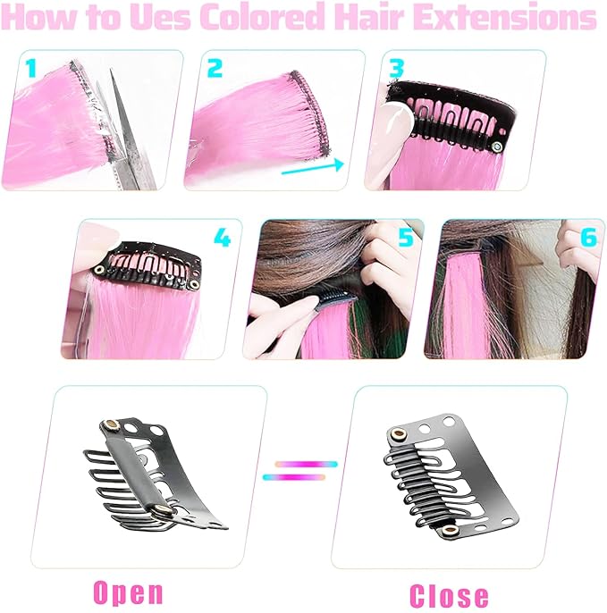 Ozzwolle 12 PCS Pink Hair Extensions Clip in, Party Highlights Clip in Hair Extensions 22 Inch Long Straight Hairpieces for Girls Kids Women Favor Gifts (Pink)