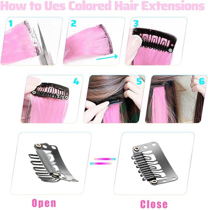 Ozzwolle 12 PCS Pink Hair Extensions Clip in, Party Highlights Clip in Hair Extensions 22 Inch Long Straight Hairpieces for Girls Kids Women Favor Gifts (Pink)