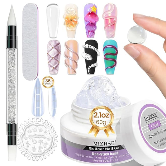 MIZHSE Solid Builder Gel for Nails, 60g Large Capacity Clear Hard Gel for Nails 3D Sculpting Gels Non-Sticky Hand Carving U V/LED Extension Gels with 3D Mold Nail Art Salon Home DIY