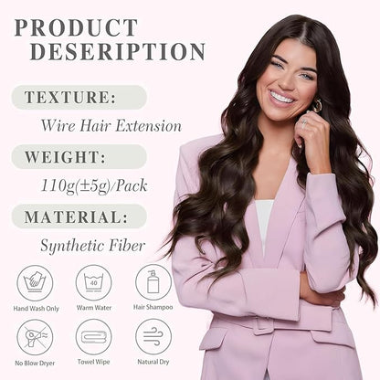MORICA Invisible Wire Hair Extensions - 20 Inch Dark Brown Long Wavy Synthetic Hairpiece with Transparent Wire Adjustable Size, 4 Secure Clips for Women