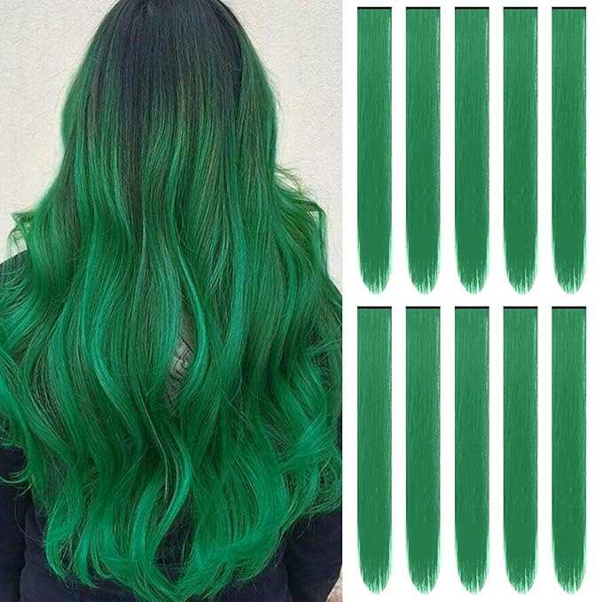 22 inch Colored Hair Extensions, Colorful Party Highlights Clip in Synthetic Hair Extensions, Color Long Straight Hairpieces for Girls Women Kids Favor Gift(10 PCS Dark Green)