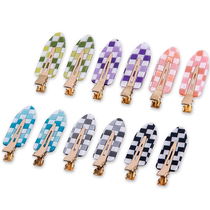 No Crease Creaseless No Bend Hair Clips For Styling Non Slip Flat Clips For Makeup Hair Accessories For Women,Checkerboard Multiple Colors,12 PCS
