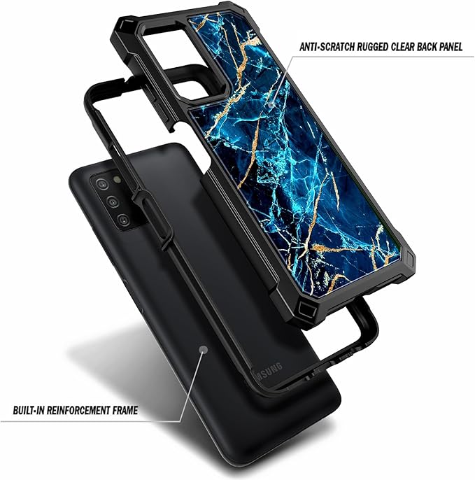 NZND Case for Samsung Galaxy A03S with [Built-in Screen Protector], Full-Body Protective Shockproof Rugged Bumper Cover, Impact Resist Phone Case (Marble Design Sapphire)