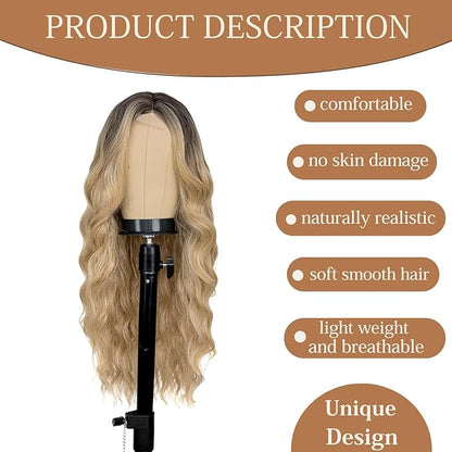 26 inch Lace Hairline Long Ombre Blonde Wigs for Women, Middle Part Long Curly Wig Heat Resistant Synthetic Hair Looking Natural, Fiber Wig for Daily Party Use