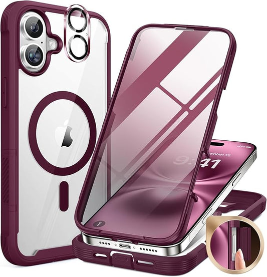 Miracase for iPhone 16 Case 6.1'', [Bubble Free] Full-Body Bumper Phone case with Built-in Full Glass Screen &Lens Protector,No Gap,Compatible with MagSafe,Drop Proof 16 Cover,Plum