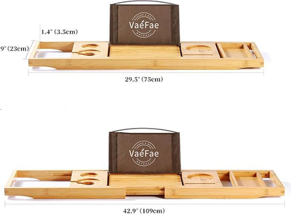 VaeFae Bamboo Bathtub Caddy Tray, Expandable Bath Tray for Tub with Upgraded Wine Slots and Book Holder - Ideal for One or Two Person Use
