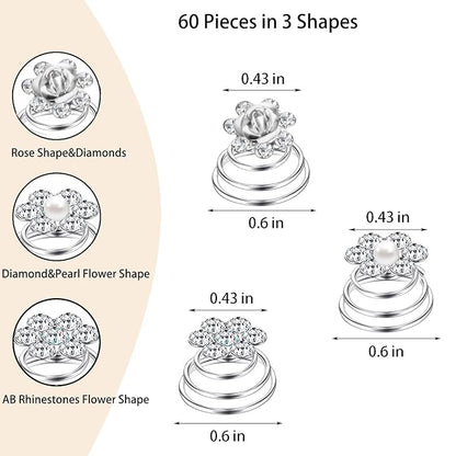 60 PCS 3 Shapes Gems Rhinestone Twister Hair Studs Set Diamond Spiral Pearl Flower Jewels Hair Pins Sticks for Wedding, Bridal, Prom, Party and Special Occasion(Flower Series)