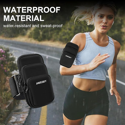 3 Pockets Running Phone Armband Holder for iPhone 16 15 14 Pro Max 13 Plus 12 11 XS XR X 8 7 Galaxy S23 Pouch Key Card Bag, Water Resistant Cell Phone Sport Arm Bands for Exercise Walking Workout Gym
