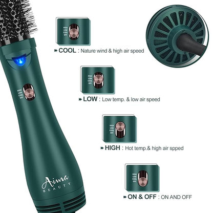 Aima Beauty Hair Dryer Brush, One Step Hair Dryer & Volumizing Hot Air Brush, 3 Heat/Speed Settings, Advanced Ionic Technology, Ceramic Coating, Nylon Pins & Tufted Bristles, Dark Green, 1000W, 125V