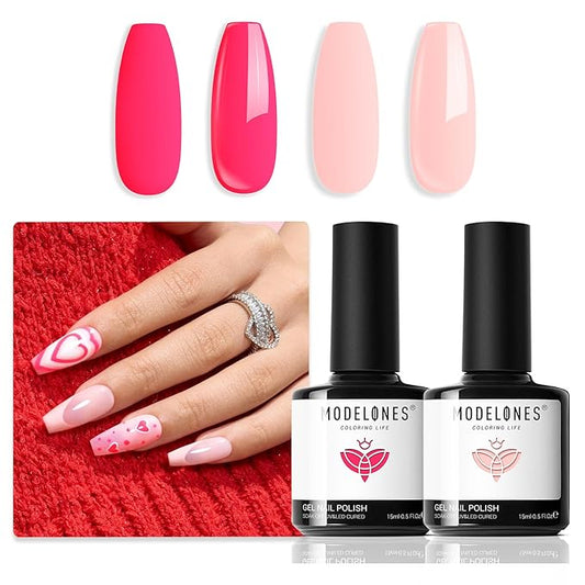 modelones Gel Nail Polish Set 2 PCS 15 ML Pink Gel Polish Hot Pink Tones Light Pink Shades Gel Nail Polish Soak Off UV Spring Nail Art DIY Manicure At Home For Women Girls