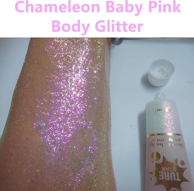 Go Ho Chameleon Baby Pink Body Glitter Gel,Color Changing Light Pink Face Glitter,Holographic Fine Chunky Sequins Glitters,Reflective Sparkly Festival Rave Accessories