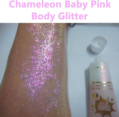 Go Ho Chameleon Baby Pink Body Glitter Gel,Color Changing Light Pink Face Glitter,Holographic Fine Chunky Sequins Glitters,Reflective Sparkly Festival Rave Accessories